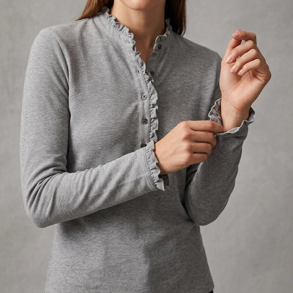Tory Burch L Top Grey Ruffle Mock Neck Long Sleeve Pima Cotton Button Detail